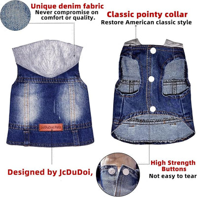 Dog Jeans Jacket with Hooded Denim Pet Coat for Puppy Small Dogs Classic Overalls Male Cat Costumes Washed Vest Clothes Outfit T-Shirts(Hoodie Large)