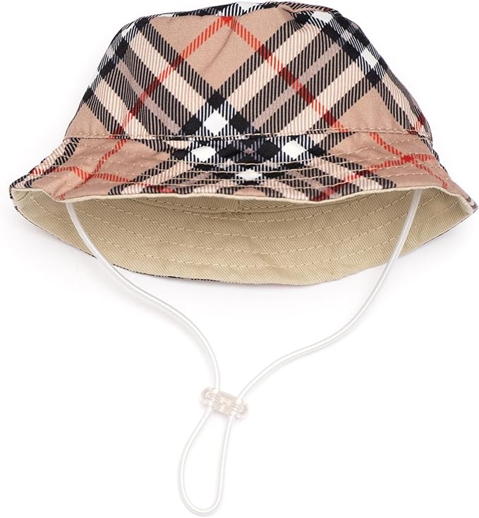 THE WORTHY DOG Plaid Hat for Dogs – Lightweight Pet Sun Hat with Adjustable Chin Strap, Soft Brim & Bright Colors - Tan, Medium