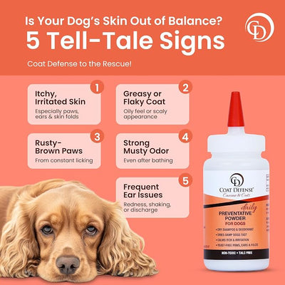 COAT DEFENSE Daily Preventative Powder | Made in USA | 4.2oz Precision Point Waterless Dog Shampoo & Pet Deodorizer for Smelly Dogs | Provides Anti Itch Relief | Dog Dry Shampoo for Dry Itchy Skin