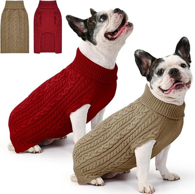 Dog Sweater 2 Pack for Medium Dogs, Size L, Red & Brown | Stretchy cable knit turtleneck, machine washable, high belly cut, comfy winter fit for French Bulldog, Corgi