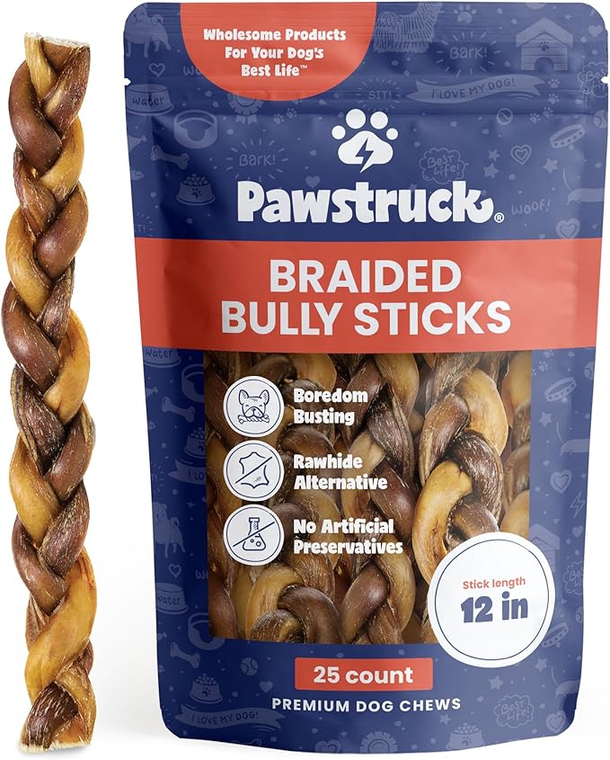 Natural 12” Braided Bully Sticks for Dogs - Tough, Long-Lasting, Rawhide-Free, Low Odor, Healthy Single Ingredient Chew Treat for Aggressive Chewers - 25 Count - Packaging May Vary