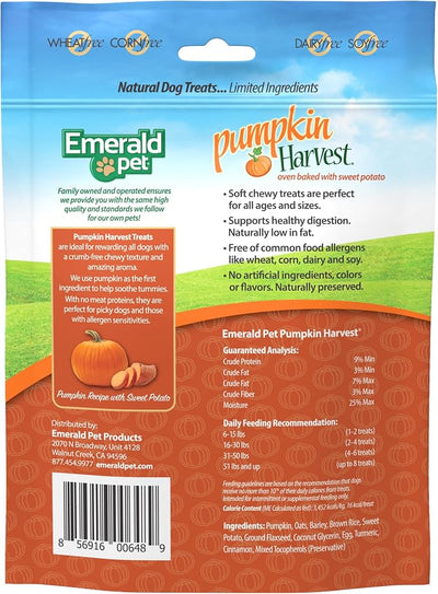 Emerald Pet Pumpkin Harvest Dog Treats, Sweet Potato Flavor, 6 oz – Soft Chewy Low-Fat Natural Dog Treats with Real Pumpkin for Digestive Health – Meat-Free, Wheat-Free, Made in USA