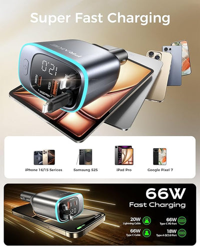 4 in 1 Car Charger, Retractable iPhone Car Charger Fast USB C Phone Charger, Cigarette Lighter with 2 Cable 25 Inch and 2 USB Ports, Multi Port USB Car Charging for iPhone 17/16/15/14/13 Pro Max-2Pack
