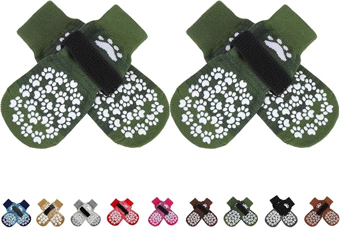 Anti Slip Dog Socks to Prevent Licking Paws, Shoes for Hot Pavement, Dog Booties for Small Medium Large Senior Dogs, Traction Control Boots & Paw Protectors for Hardwood Floors ArmyGreen