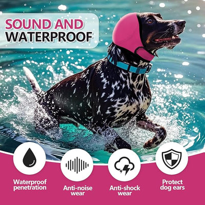 Dog Ear Cover for Bath and Swimming, Dog Ear Muff for Noise Protection, Waterproof Dogs Ear Wrap Shower Swim Cap, Breathable & Adjustable Quiet Ear for Dogs Anxiety Relief Calming Hood (Rose red, L)
