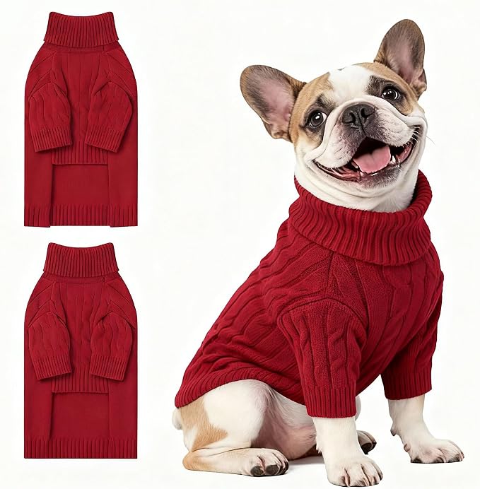 Small Dog Thermal Pullover Sweater, Classic Turtleneck Cable Knitwear Dog Clothes for Cold Weather Warm Pet Clothes for Chihuahua, Bulldog, Dachshund, Pug Red Large