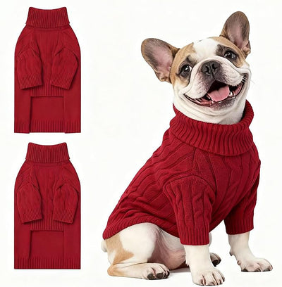 Small Dog Thermal Pullover Sweater, Classic Turtleneck Cable Knitwear Dog Clothes for Cold Weather Warm Pet Clothes for Chihuahua, Bulldog, Dachshund, Pug Red Large