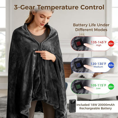 Cordless Portable Heated Blanket Battery Operated, 20000mAh Battery Rechargeable Heated Blanket with 3 Heating Levels, 70"x40" USB Wearable Electric Blankets for Camping, Home, Office, Car.
