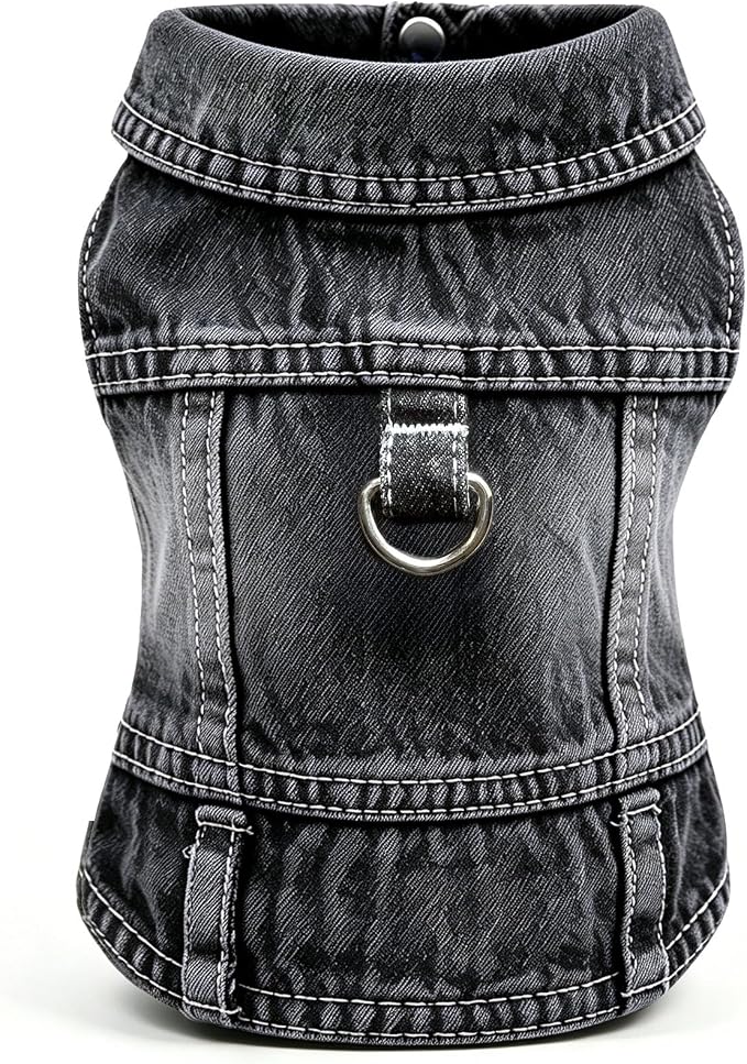 Dog Jean Jacket, Blue Denim Shirt Classic Lapel Vest Coat Costume Puppy T-Shirt, Comfort Tank Top Cool Apparel, Washed Pet Clothes for Dogs Boy Girl (Black with D-Ring, XX-Large)