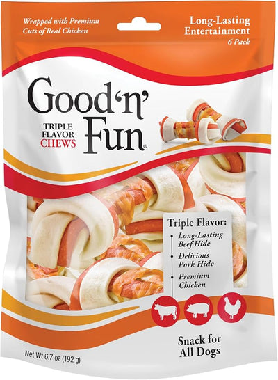 Good ‘n’ Fun Triple Flavor 4-Inch Bones for All Dogs, 6 Count, Treat Your Dog to Long-Lasting Chews Made with Beef Hide, Pork Hide and Chicken