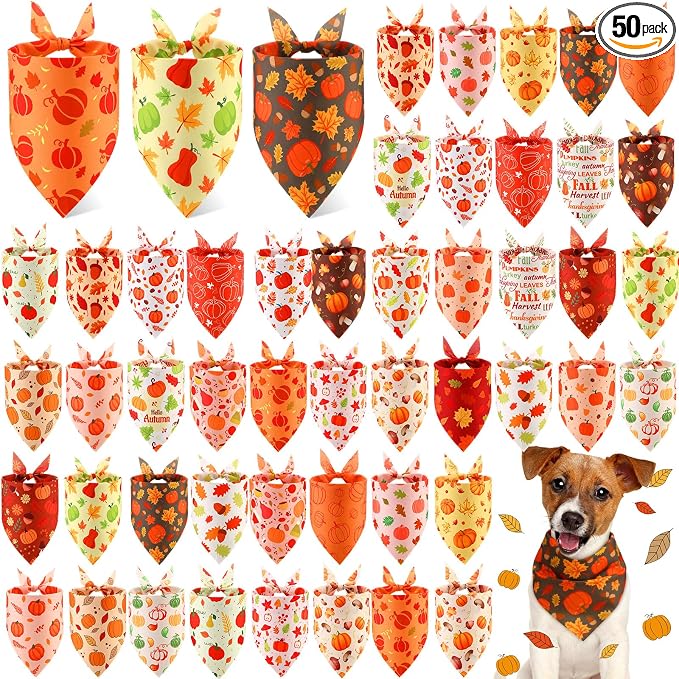 50 Pcs Fall Dog Bandanas Bulk Autumn Pumpkin Bandanas for Dogs Triangle Kerchief Bibs Scarf for Pets Thanksgiving Party Costume Photo Props Accessories, 25 Styles (25.6 x 17.7 x 17.7)
