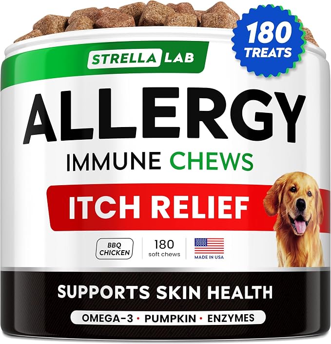 Dog Allergy Relief & Anti Itch Support Chews w/Omega 3: Real Ingredients, Real Taste! Skin & Coat Immune Supplement w/Fish Oil, Pumpkin & Enzymes — BBQ Chicken - 180Ct