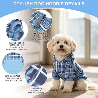 EXPAWLORER Plaid Dog Hoodie - British Style Warm Dog Sweater Shirt with Leash Hole,Pitbull Clothes Outfits,Winter Coat Apparel for All Breeds Puppy Girl Boy-Cat Apparel,Blue S-Medium
