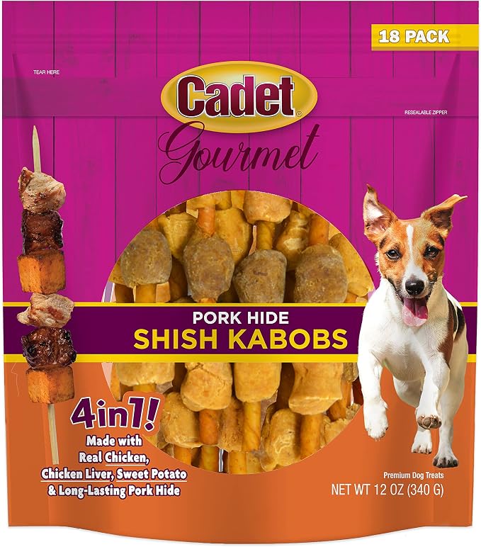 Gourmet Shish Kabob Dog Treats for Small Dogs, Healthy Natural Chicken, Duck, & Sweet Potato Chews, Pork Hide, 5-Inch Sticks, 18 Count
