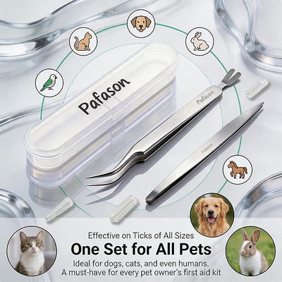 PAFASON Premium Tick Removal Tweezer Tool Set, Dual-Headed, Multi-functional Stainless Steel Twister Remover for Dogs, Cats, Humans, Storage Case