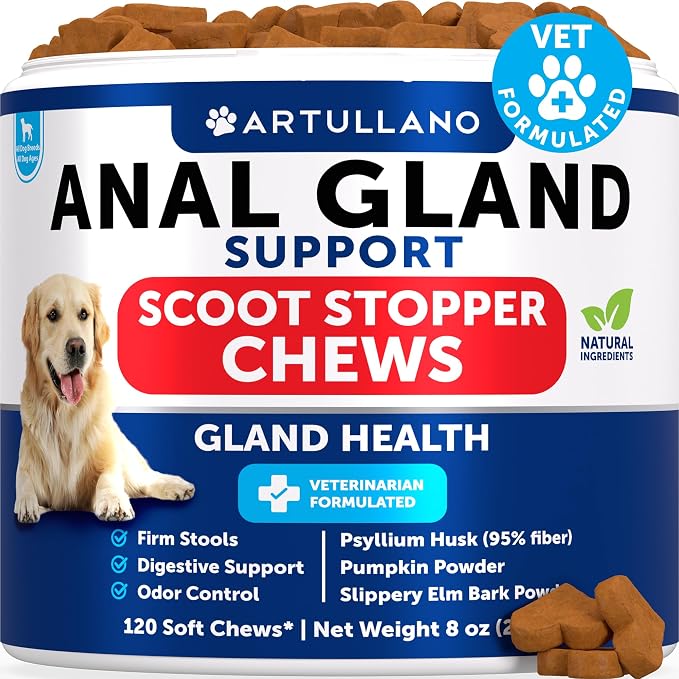 Bye Scoot - Anal Gland Support Chews for Dogs - Fiber Blend with Pumpkin, Psyllium, Slippery Elm, Digestive Enzyme - Scoot Treatment - Supplement for Gut, Anal Gland Health, Stool Quality - 120 Treats