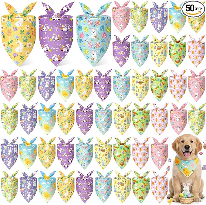 50 Pcs Easter Dog Bandanas Bulk with Bunny Rabbit Egg Carrot Pattern Soft Bibs Adjustable Triangle Pet Scarf Bowtie for Small Medium Large Costume Grooming(19.7 x 13.8 x 13.8 Inch)