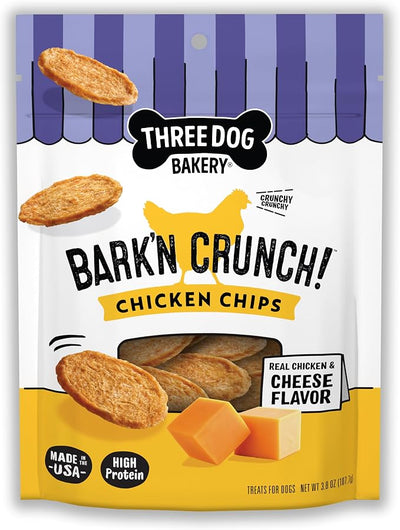 Three Dog Bakery Bark'N Crunch! Chicken & Cheese Chips with 100% Real Chicken - 3.8 oz - Crunchy Treats for Dogs - High Protein Dog Snacks - Grain Free, No Corn or Soy, Limited Ingredient Treats