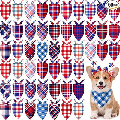 Abbylike 50 Pcs 4th of July Plaid Dog Bandanas Bulk Red White Blue Gingham Bandana for Dogs Triangle Kerchief Bib Scarf for Pet Independence Day 250th Anniversary Patriotic Party Costume, 25 Styles