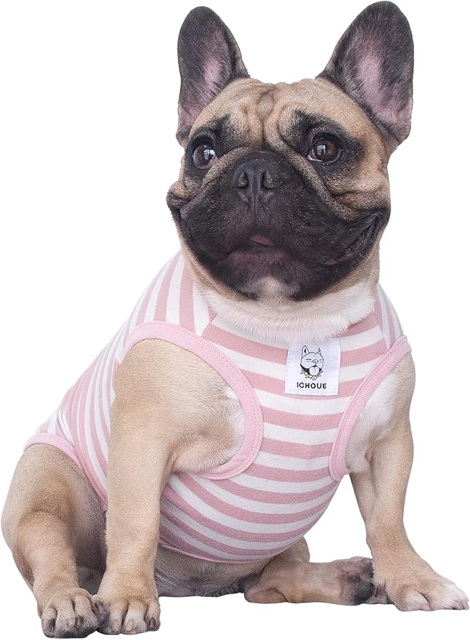 iChoue English Bulldog 100% Breathable Cotton Striped T Shirts Halloween Vest Clothes for Medium Dogs Tank Tops French Frenchie Pug Boston Terrier Pitbull Pink White Stripes - XLarge