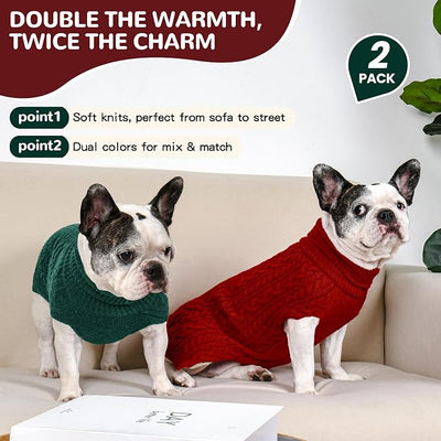 Dog Sweater 2 Pack for Medium Dogs, Size M, Red & Green | Stretchy cable knit turtleneck, machine washable, high belly cut, comfy winter fit for French Bulldog, Pug