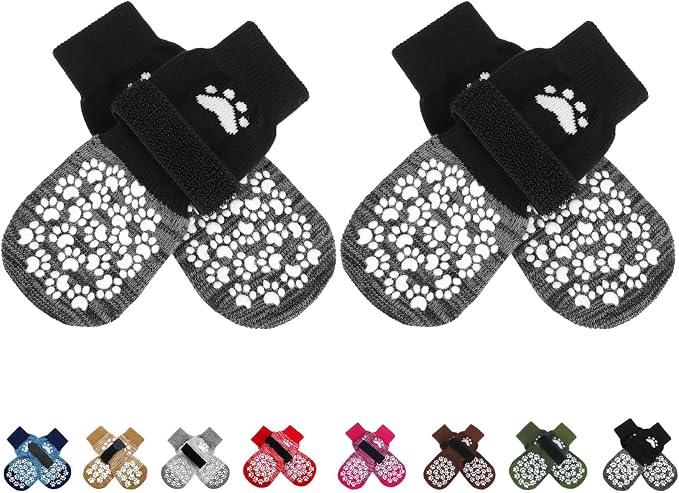 Anti Slip Dog Socks to Prevent Licking Paws, Shoes for Hot Pavement, Dog Booties for Small Medium Large Senior Dogs, Traction Control Boots & Paw Protectors for Hardwood Floors Black&Grey