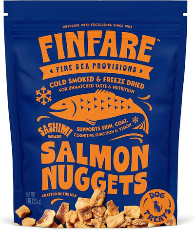 Finfare Freeze Dried Salmon Dog Treats, Protein & Omega-3s, Grain Free Salmon Dog Training Treats, Crafted in USA, Nuggets - 9oz