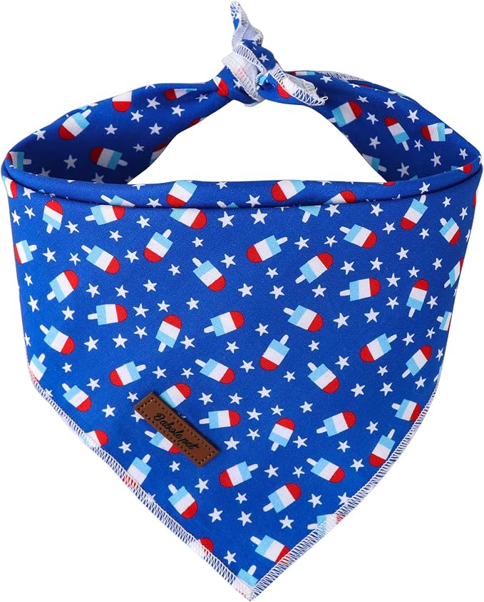 4th of July Dog Bandanas Boy Girl Summer Popsicle Star Cotton Washable Dog Scarf Adjustable Pet Bib Scarves for Small Medium Large Dogs S