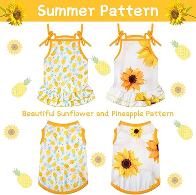 Frienda 4 Pieces Dog Clothes Set Include 2 Pcs Cute Pet Dress Lovely Dog Dress and 2 Pcs Breathable Pet T Shirt Puppy Clothes(Pineapple, Sunflower,Large)