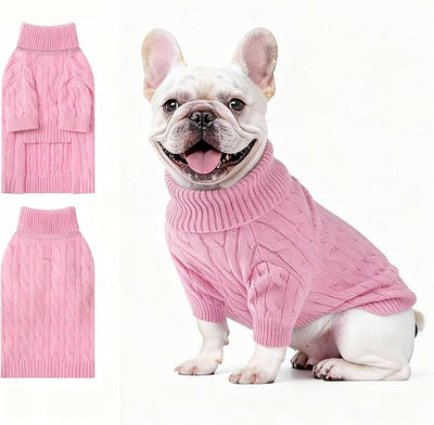 Small Dog Thermal Pullover Sweater, Classic Turtleneck Cable Knitwear Dog Clothes for Cold Weather Warm Pet Clothes for Chihuahua, Bulldog, Dachshund, Pug Pink Large
