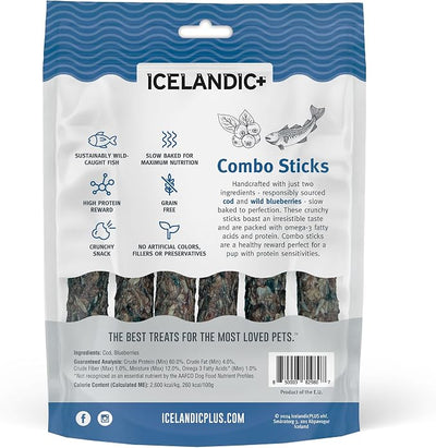 Icelandic+ Combo Sticks: Cod & Blueberry - 6 Count- Dog Treats, Crunchy 2 Ingredient Pet Snacks, Preservative Free, Wild Caught Fish, Slow Baked, Natural