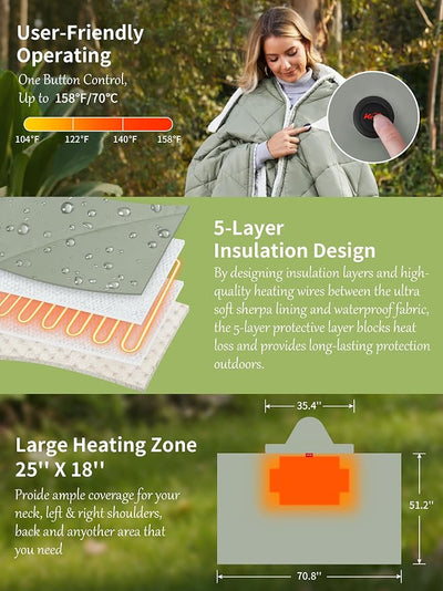 Battery Operated Heated Blanket Throw,Cordless Heated Shawl Poncho Hoodie | Portable&Wearable,Skin-Friendly,Multiple Power Options,Up to 158℉, for Outdoor Camping Stadium Picnics