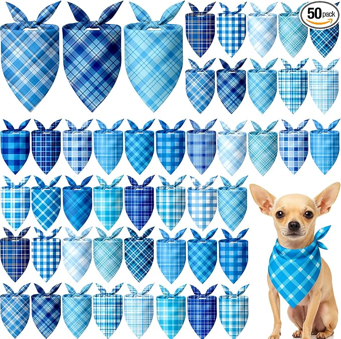 50 Pcs Plaid Dog Bandanas Bulk Blue Checkered Bandanas for Dogs Triangle Kerchief Bibs Scarf Set for Pet Holiday Costume Photo Props Accessories Pet Shops (19.7 x 13.8 x 13.8 Inch)