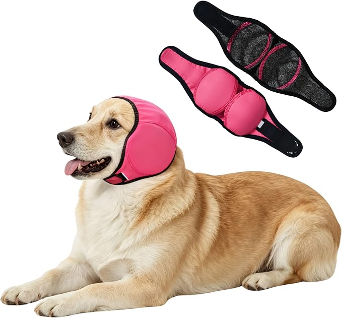 Waterproof Ear Covers for Bath & No Flap Ear Wraps for Dogs,Dog Ear Muffs Noise Protection for Hearing,No Shake Head Wraps Anxiety Relief Calming Hoodie for Hematoma,Grooming(Pink,S)