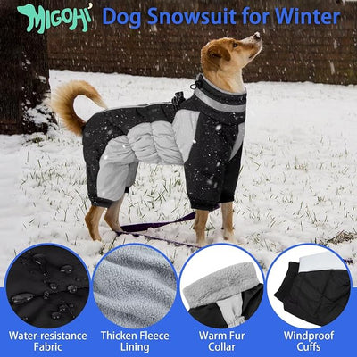 MIGOHI Full Body Dog Coat，Warm Coats for Large Dogs | Reflective Winter Coat for Dogs with Harness,Turtleneck Dog Snowsuit with Legs,Windproof Pet Fleece Puffer Jacket,XXXL,Black