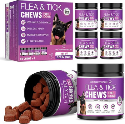 Dog Flea and Tick Treatment Chewable Natural Flea Prevention and Immune Support Natural Soft Chew Flea and Tick Treatment 50 Soft Chews Per Bottle 4 Packs (200 Tablets Total) Suitable for All Dog