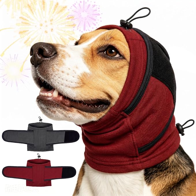 IECOii Small Doggie Calming Hoodie for Anxiety Relief in Thunder Firework Breathable Soft No Shake Ear Wrap for Dogs Hematoma Adjustable Patches Dog Ear Cover for Noise Protecion (Red,Small)
