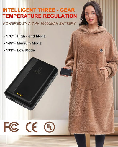 Oversized Heated Wearable Blanket, Battery Powered Fleece Hoodie Robe 7.4V 16000mAh 167°F Overheat Protection