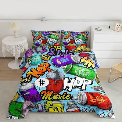 Erosebridal Hip Hop Comforter Set King Size, Graffiti Style Down Comforter for Kids Boys Girls Teens, Street Culture Bedding Set Grunge Watercolor Lightweight Bedding Comforters Bedroom Decor, Blue