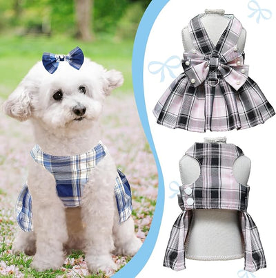 Dog Dress Bowknot Harness Leash Set for Small Dogs Girl Cute Plaid Dog Dress Pearls Bow Tie Spring Summer Princess Clothes Birthday Holiday Doggie Outfits for Puppy Cats Girl Apparel (Black, X-Large)