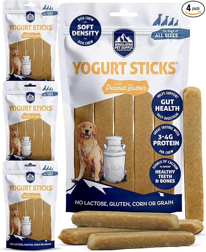 Yogurt Sticks, Peanut Butter, Dog Treats with Prebiotics, Probiotics & Protein, Digestive Support, Lactose & Gluten Free, Natural Dog Treat for All Breeds, Made in America, 4pk