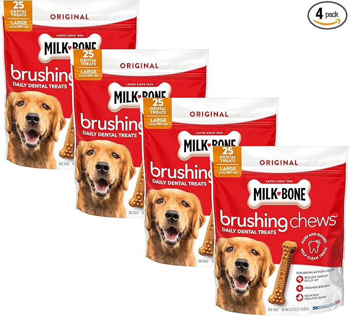 Milk-Bone Brushing Chews Original Chicken Flavor Daily Dental Dog Treats, Large, 33.7 Oz. Bag (Pack of 4)
