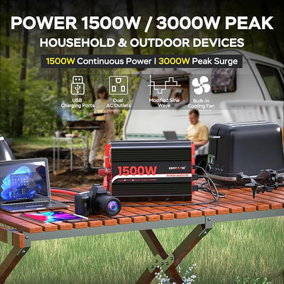 1500W Power Inverter 12V DC to 110V/120V AC Converter, Peak Power 3000W Car Inverter with LCD Display, 2 AC Outlets, 3.1A USB Port for Vehicles, Camping, Travel, Emergency Use
