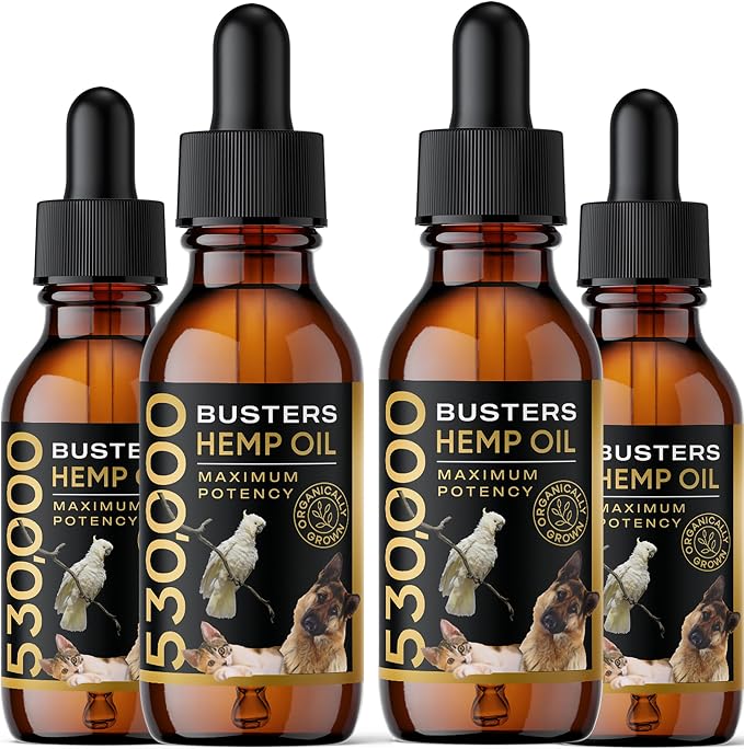 Buster's Organic Hemp Oil 530,000 4Pack-4month Supply for Dogs & Cats Made in USA - Omega Rich 3, 6 & 9 - Hip & Joint Health, Natural Relief, Calming Drops