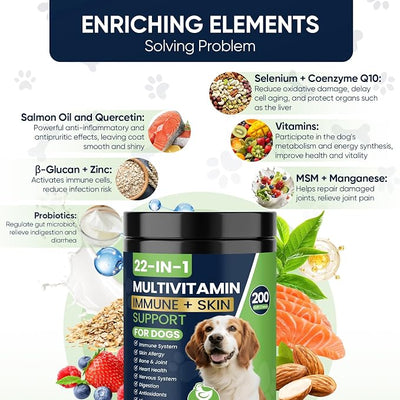 22-in-1 Dog Vitamins and Supplements 200 Chews Dog Multivitamin Chewable Containing Omega-3 Quercetin Probiotics Multivitamin for Dogs Beneficial for Joint Skin Coat Immunity Intestinal Digestion