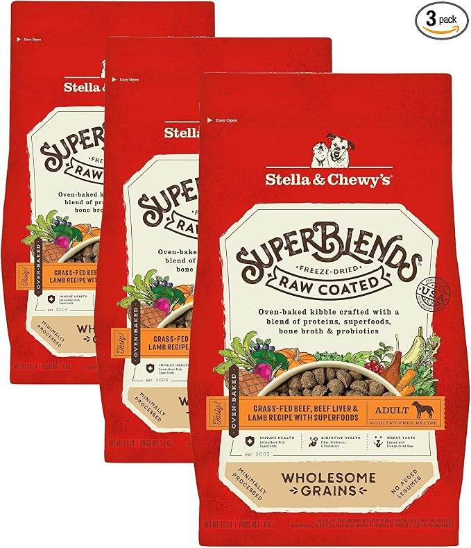 Stella & Chewy's SuperBlends Raw Coated Wholesome Grains Grass-Fed Beef, Beef Liver & Lamb Recipe with Superfoods, 3.5 lb. Bag (Pack of 3)