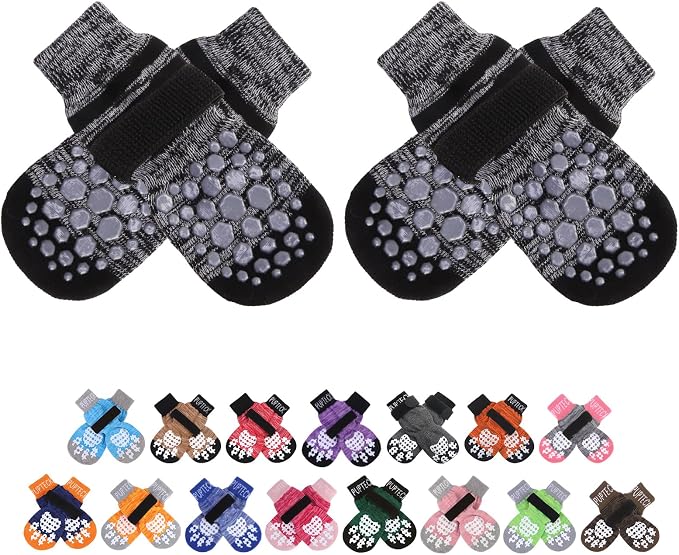PUPTECK Anti-Slip Dog Socks with Double Sides for Small Medium Large Dogs Hardwood Floors Prevents Licking, Dog Shoes for Hot Pavement Traction Control Paw Protector for Senior Dogs, Striped Black XS