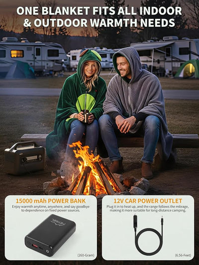 Double-Sided 12V Wearable Heated Blanket,15000mAh Heated Blanket Battery Operated,Cordless Electric Heating Poncho Blanket,Portable Heated Throw Blanket Hoodie 3 Heat set for Car,Outdoor,Camping,Party