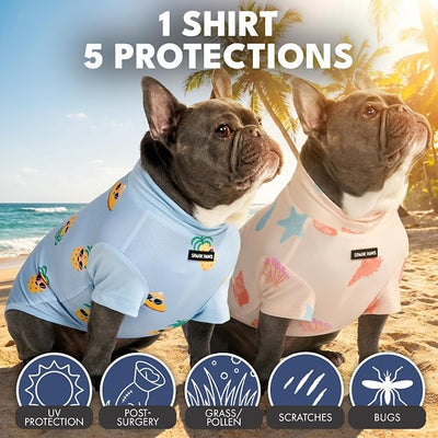 Spark Paws Sunblock Dog T-Shirt, SPF30 Protection, Lightweight Breathable Quick Dry for Dogs with Sensitive Skin - Pineapple & Seashells (Set of 2) - Size L