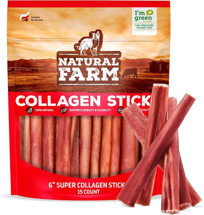 Natural Farm Odor-Free Super Collagen Dog Chews (6-Inch, 15-Pack) The First Ever Real Bull Sticks Alternative: 100% Natural Angus Hide Collagen Treats - More Protein, More Chew Time for All Dogs
